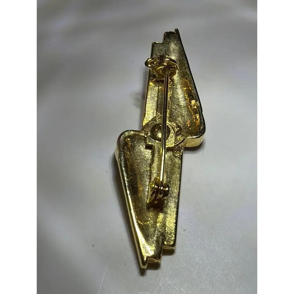 Vintage Gold Tone Green Cabochon Art Deco Modernist Brooch Geometric Pin